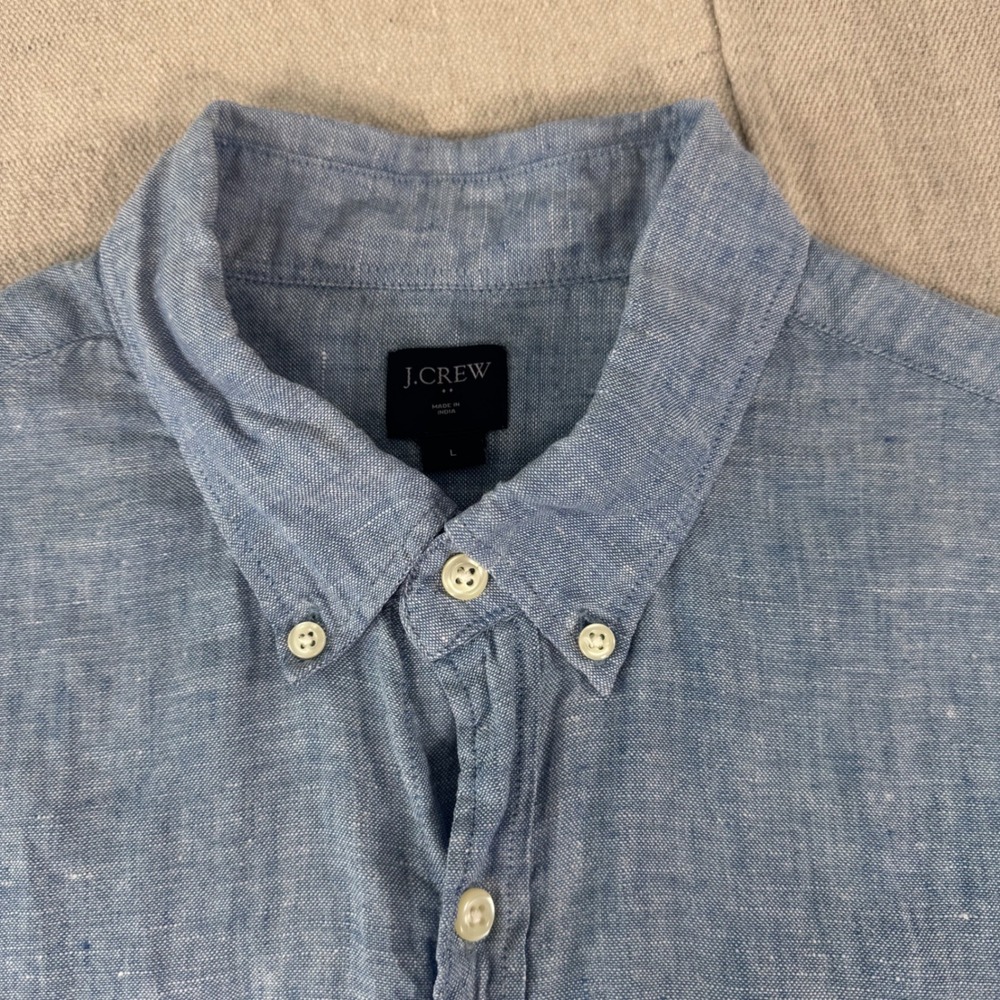 J.Crew Button Down Shirt Mens Large Blue Excellent 100% Linen Short Sleeve H4802 - Picture 2 of 9